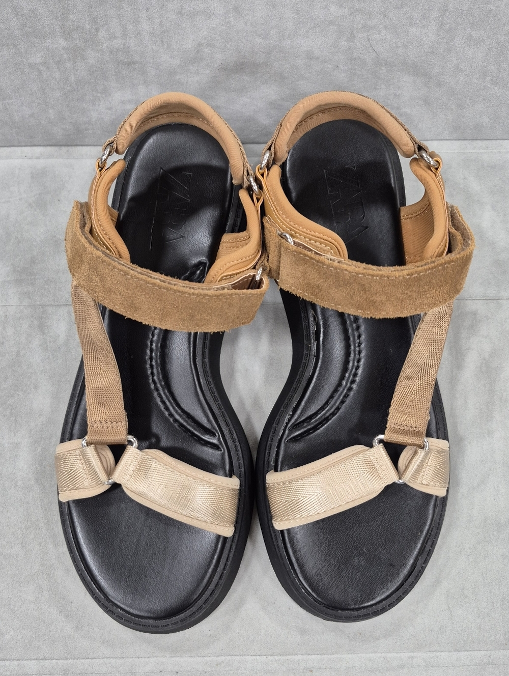 Zara chunky sandals women's 9.5 tan & brown padded adjustable suede ankle strap